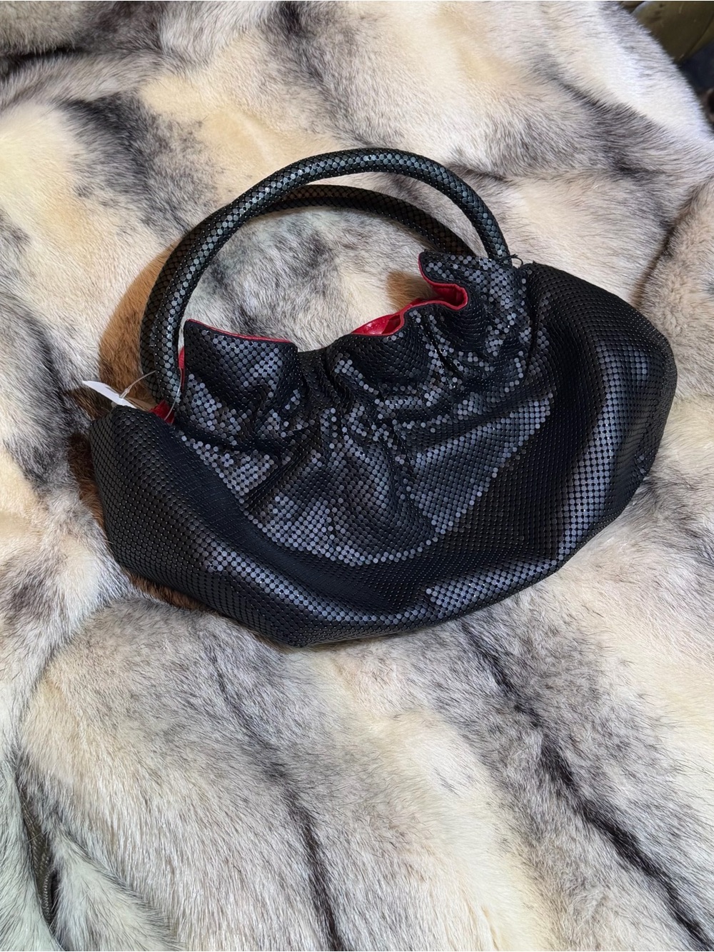 NWT Whiting & Davis Black Mesh Satchel Bag with Red Leather Trim Accent